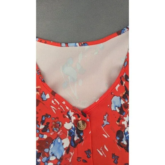 Abstract Print Shift Dress M Red Blue V Neck Button Front 3/4 Sleeve - Picture 3 of 6